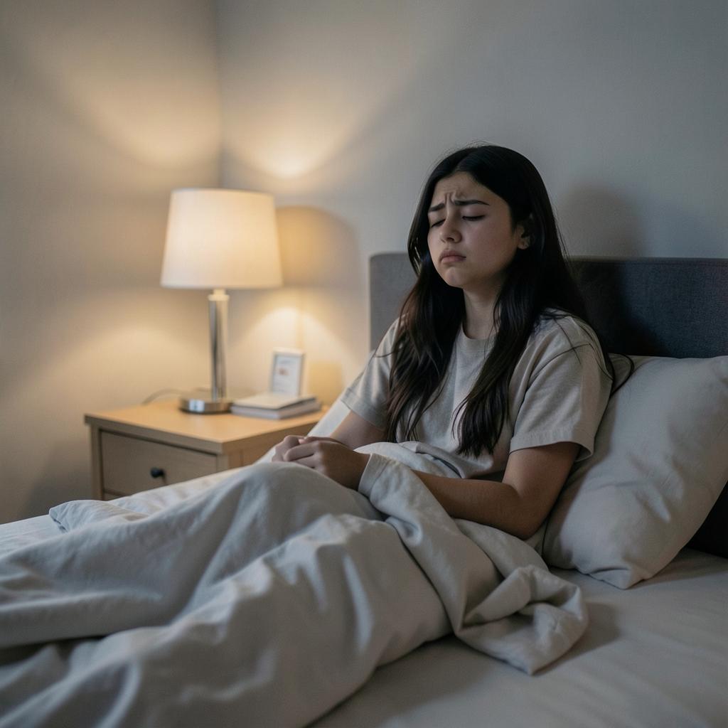Chica adolescente de unos 12 años despierta en la cama por la noche con insomnio