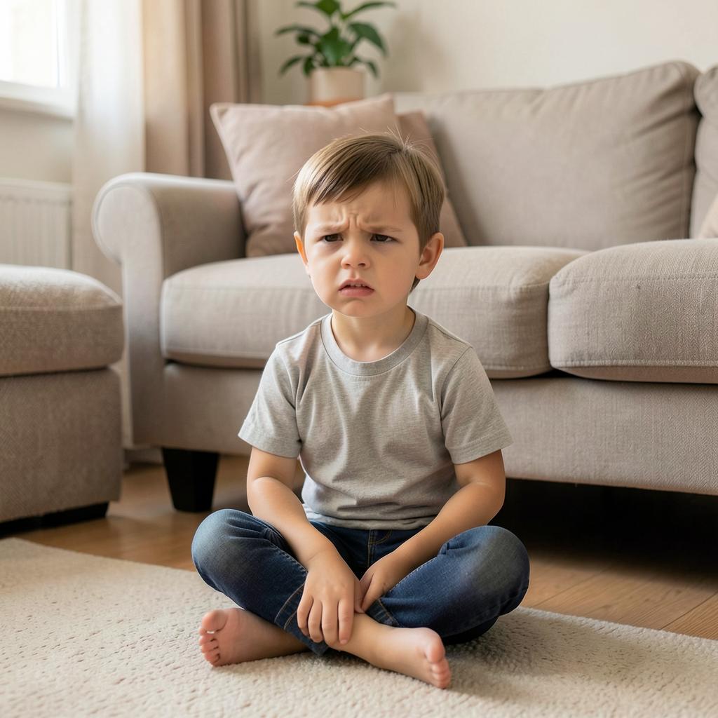 Niño pequeño en el salón de casa con expresión de irritabilidad e inquietud