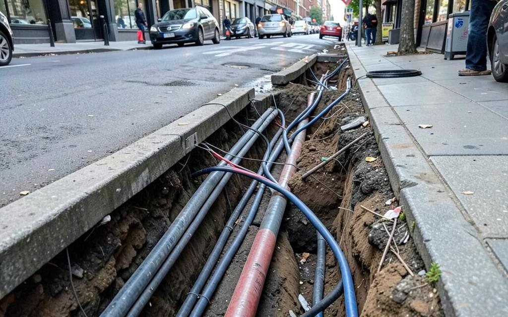 Cables eléctricos de alta tensión soterrados bajo la acera de una calle