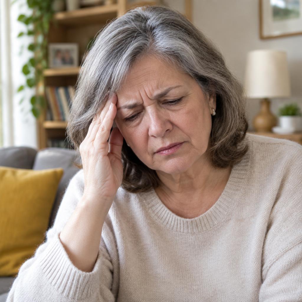 Mujer de unos 65 años con dolor de cabeza frecuente en casa