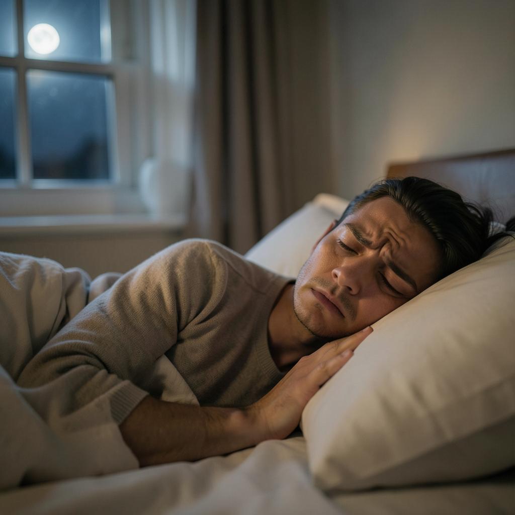 Persona despierta en la cama por la noche con insomnio