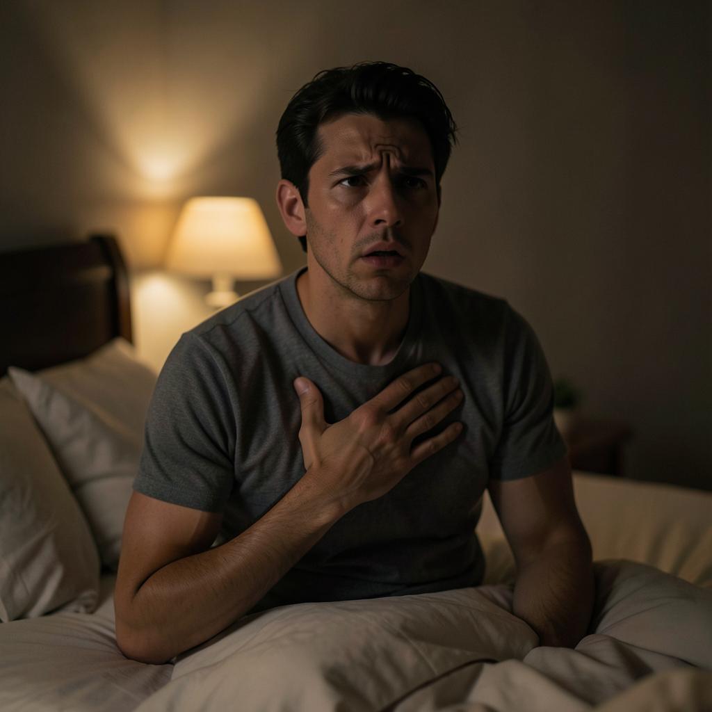 Persona en la cama con la mano en el pecho sintiendo palpitaciones