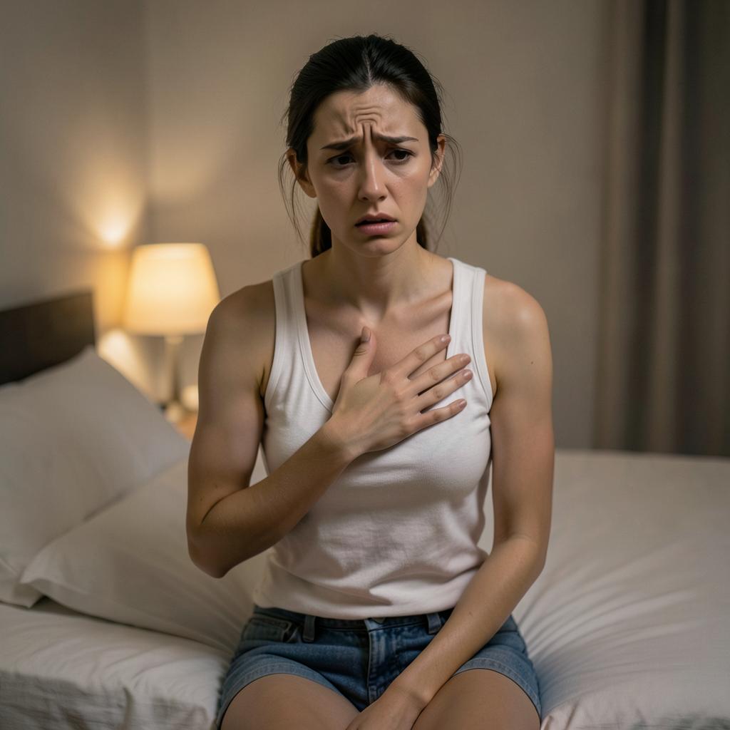 Mujer esbelta con pechos abundantes sentada en la cama por la noche, con la mano en el pecho sintiendo palpitaciones y taquicardia